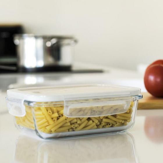 Pebbly rectangular glass container